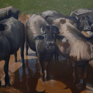 "Seis búfalos sujos" (Six buffles sales). Huile sur toile. 120x60 cm.