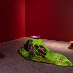 Listening Gardens ii - soil fields (2024) - large scale immersive installation, 3-channel projection mapping, 2-channel sound, 3 gold pans, plaster and clay sculptures and figurines, soil. Images courtesy of Silversalt Photography