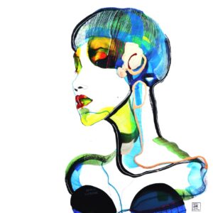 Fluid blue 2025 feutre fin, encre, radiographie et fil à couture sur papier 65 x 50 cm