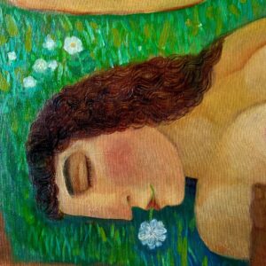 Femme endormie avec une fleur dans la bouche