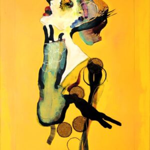 My haute couture 2025 crayon, feutre fin, encre, acrylique, huile, tarlatane et fil à coudre sur toile 100 x 73 cm
