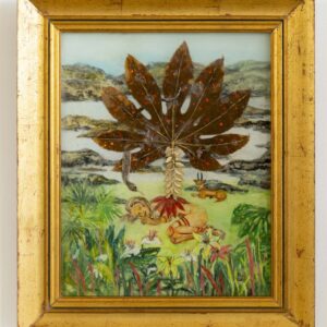 Paradis sixième (avec feuilles d’or) - 2026 - huile sur résine transparente avec inclusions (feuille séchée, serpent métalliques, fragment d’algue rose, feuilles métalliques dorées, perles) - 52,5 x 44 x 5,3 cm